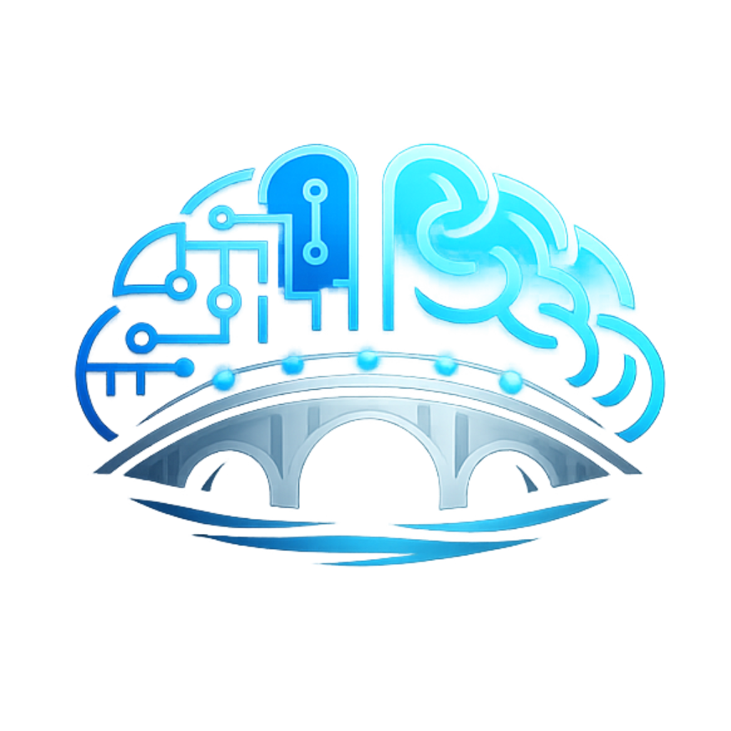 MindBridge — a glowing brain of circuits arching over a stone bridge